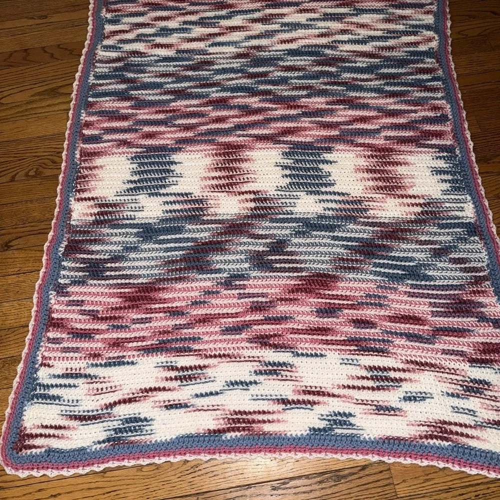 Handmade crochet afghan / throw blanket Pink Blue White Approximately 57.5x40.5